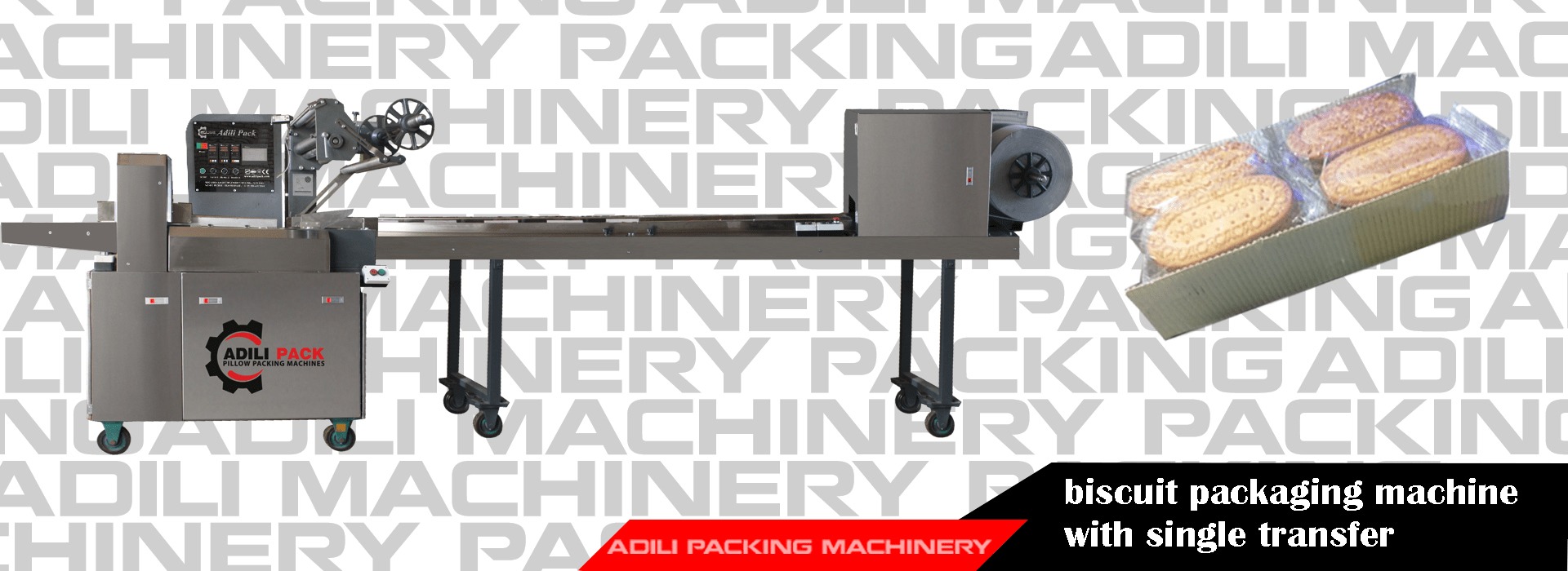 Cake and biscuit packaging machine with single pass